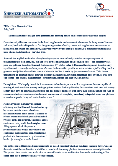 Shemesh launches Gummies Filling Line